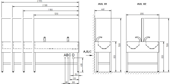 Figure - AUL 01, AUL 02 stainless steel wash-troughs