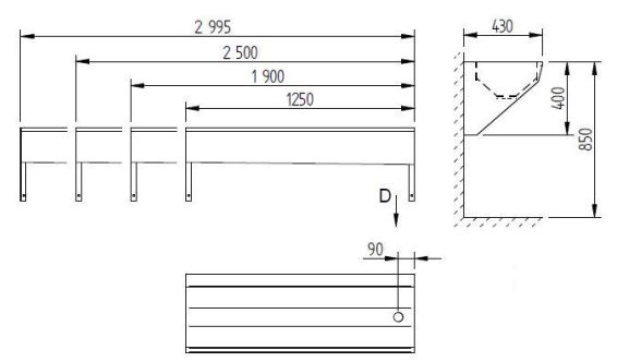 Figure - AUL 05 stainless steel wall mounted trough with round inner corners
