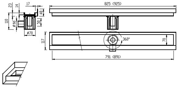 Figure - PZ 014LP draining trough for embedding of tiles - between three walls
