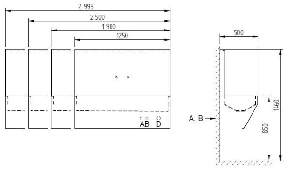 Figure - AUL 03Z.LK suspension stainless steel wash-trough with round inner corners, back wall and medical mixers