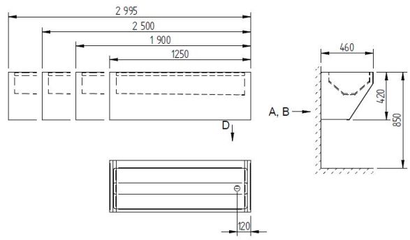 Figure - AUL 05.L suspension stainless steel wash trough for doctors with round inner corners