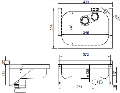 Figure - AUM 022 N a AUM 022 Z small stainless steel washbasin for wall mounting