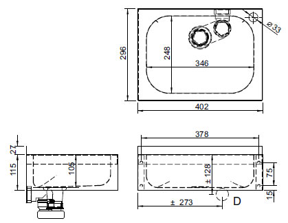 Figure - AUM 022 N a AUM 022 Z small stainless steel washbasin for wall mounting